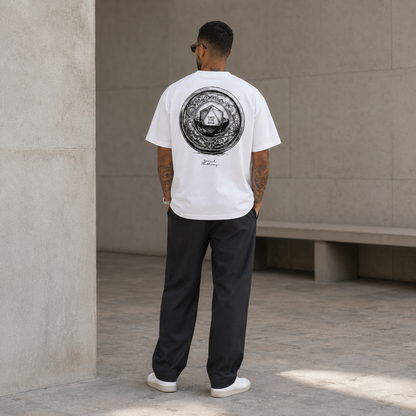 A man viewed from behind wearing a white t-shirt with a large black circular graphic on the back, paired with black pants and white sneakers, standing in a concrete corridor.