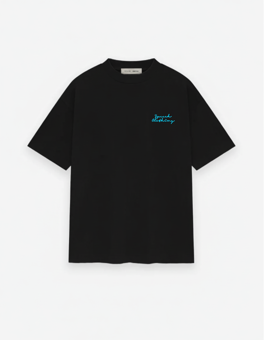 Black t-shirt with blue text on a white background