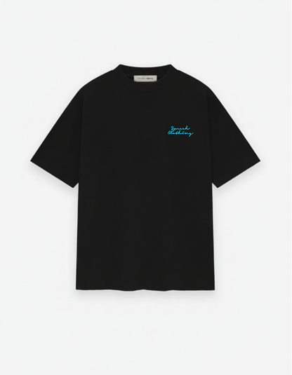 Black t-shirt with blue text on a white background