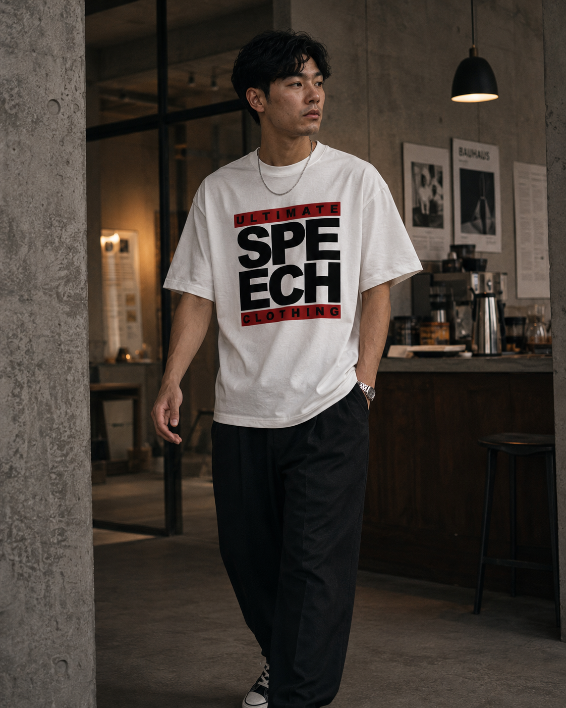 A man wearing a white graphic t-shirt with 'SPEECH' in bold black letters outlined in red, paired with black pants, standing in a modern industrial cafe setting.