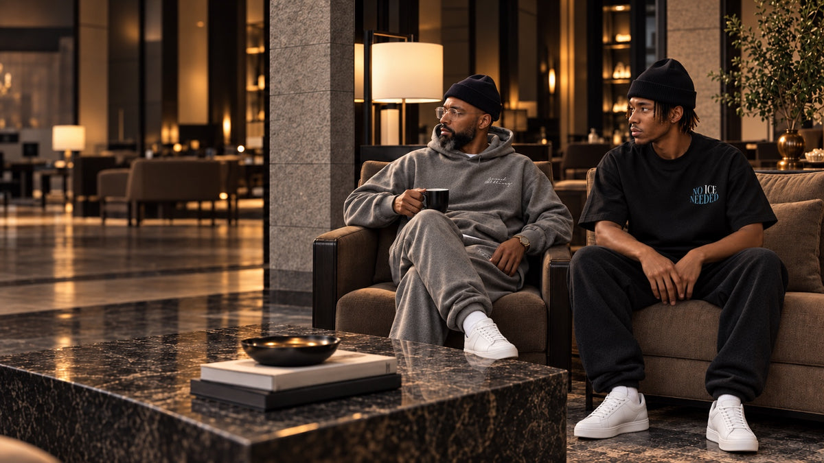 Two SPEECH CLOTHING models seated together; the younger model wears the NO ICE NEEDED heavyweight T-shirt